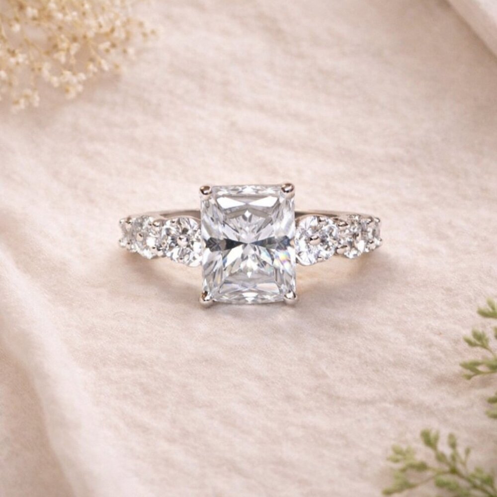 Sterling Silver CZ Emerald Cut Statement Ring Size 10